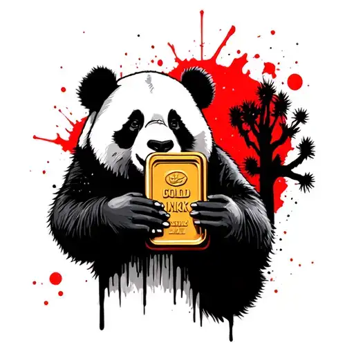 Panda Holding a gold bar logo with a joshua tree silhoutte in the background tattoo design idea