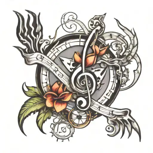 A tattoo design featuring a music note intertwined with hands signing 'love' in ASL, surrounded by symbols of exploration like a compass and map, with a subtle nod to your belief in God's love tattoo design idea