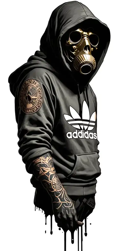 grim reaper in a realistic wartime gas mask wearing a realistic Adidas hoody tattoo design idea