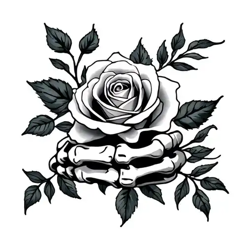 skeleton hand tattoo featuring rose blooming tattoo design idea