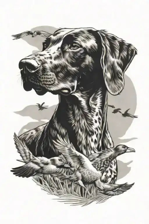 German shorthair with mallard duck flying tattoo design idea