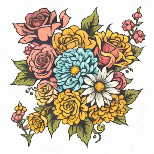 roses, daisys, asters, marigold flower tattoo design idea