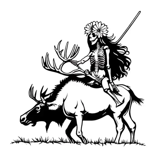 warrior princess skeleton riding a moose and wearing a flower crown tattoo design idea