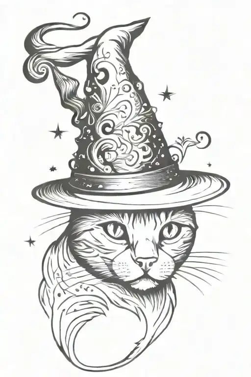 detailed full body cat with witch hat and sparkles around it tattoo design idea
