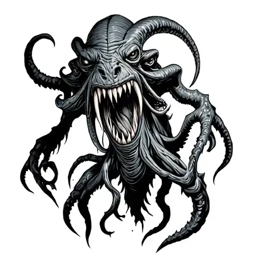 monster emerging with big sharp teeth claws and Cthulhu tattoo design idea