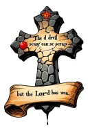 cobblestone cross with writing "the devil can scrap but the Lord has won" in old font on a scroll. with a bowling lane tattoo design idea