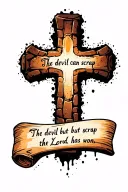 cobblestone cross with writing "the devil can scrap but the Lord has won" in old font on a scroll. with a bowling lane tattoo design idea