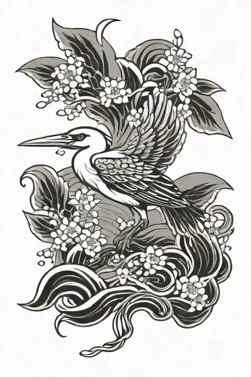 Japanese stork with cherry blossoms and sea waves tattoo design idea