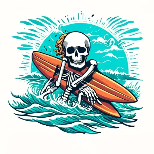 shaka skeleton hand holding a surf board design tattoo design idea