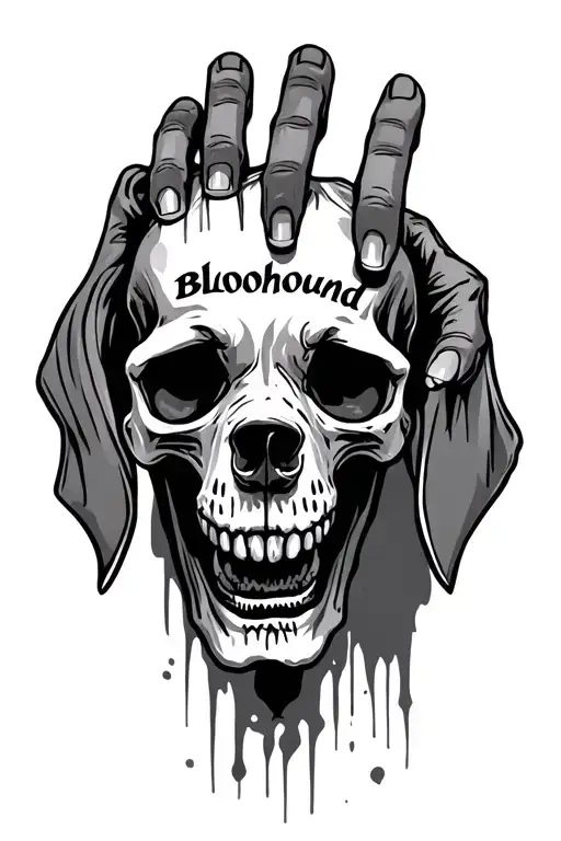 skull hand with bloodhound written  on it  tattoo design idea