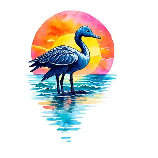 Dodo bird. sunset. Palm tree. waves tattoo design idea