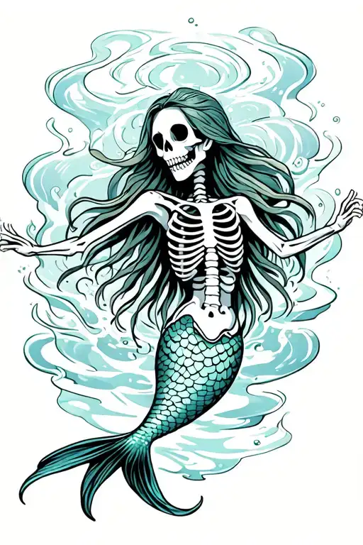 skeleton mermaid swimming tattoo design idea