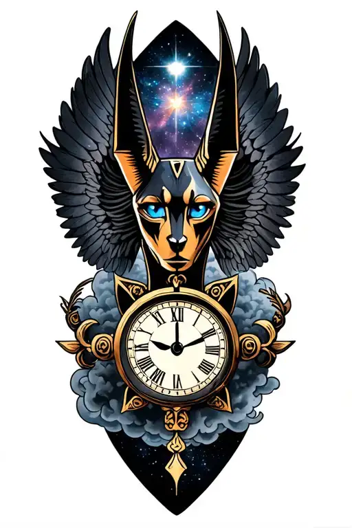 Space With Cosmic Dust Clouds, Anubis with clock in galexy And All Seeing Eye with wings Tattoo tattoo design idea