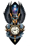 Space With Cosmic Dust Clouds, Anubis with clock in galexy And All Seeing Eye with wings Tattoo tattoo design idea