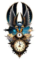 Space With Cosmic Dust Clouds, Anubis with clock in galexy And All Seeing Eye with wings Tattoo tattoo design idea
