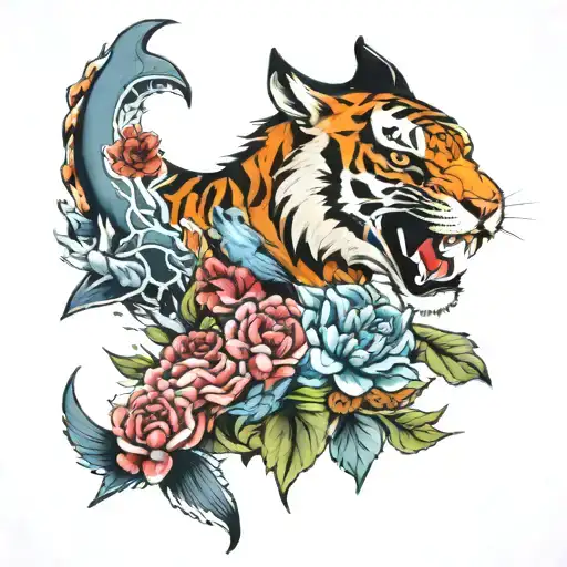 tiger eagle and shark along with some flowers tattoo design idea