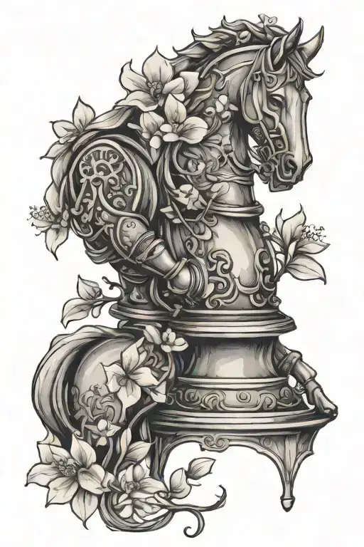 knight chess piece with cherry blossom petals in a sketch art style tattoo design idea