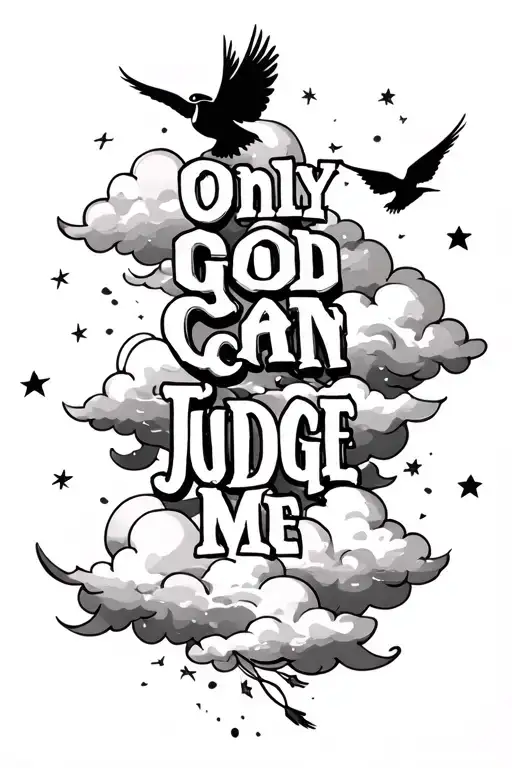 The words "Only God Can Judge Me" with clouds floating, stars, and birds tattoo design idea