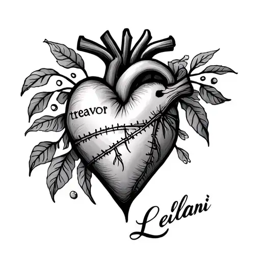 a realistic heart tattoo stitched placed where the heart is with the name treavor and Leilani in it tattoo design idea