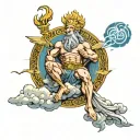 Zeus Overseeing the Skies: A majestic depiction of Zeus seated on a cloud, holding a lightning bolt, with an aircraft so tattoo design idea