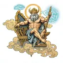 Zeus Overseeing the Skies: A majestic depiction of Zeus seated on a cloud, holding a lightning bolt, with an aircraft so tattoo design idea