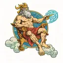 Zeus Overseeing the Skies: A majestic depiction of Zeus seated on a cloud, holding a lightning bolt, with an aircraft so tattoo design idea