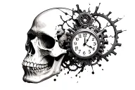 3d skull realistic with clock crashing head gears intertwined tattoo design idea