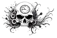 3d skull realistic with clock crashing head gears intertwined tattoo design idea
