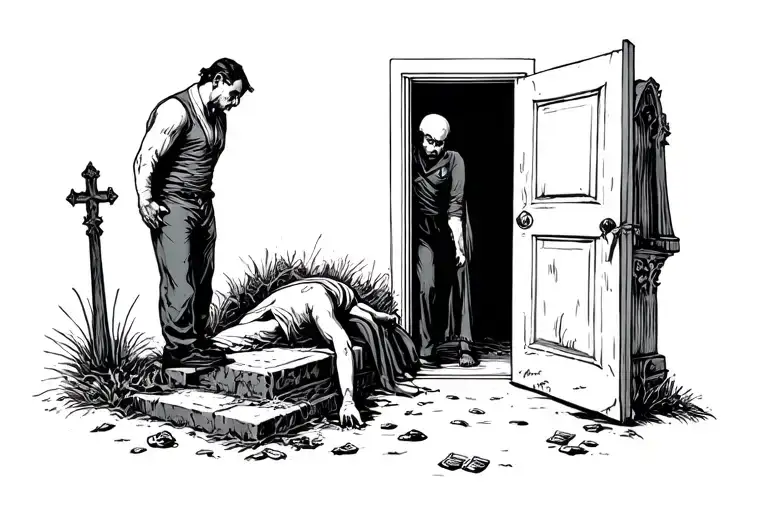 a man at an open door, a mourner at a grave, a gambler losing, and the corpse of a so called hero tattoo design idea