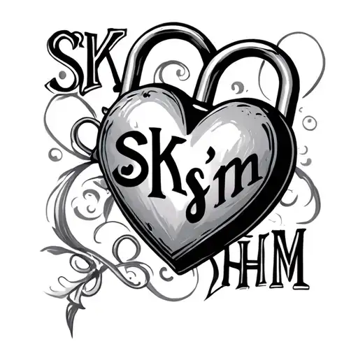 "SK'sHKM" words in heart shaped lock tattoo design idea