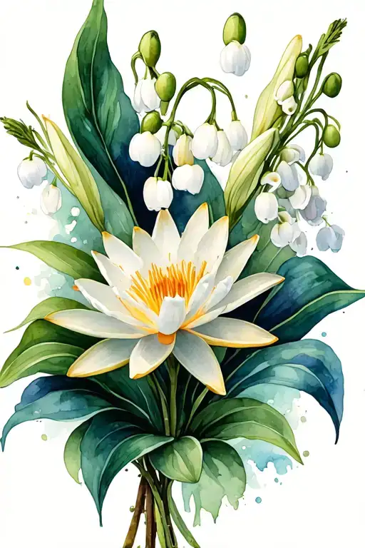 Water Lily, Lily of the Valley, and Gladiolus flower bouquet tattoo design idea