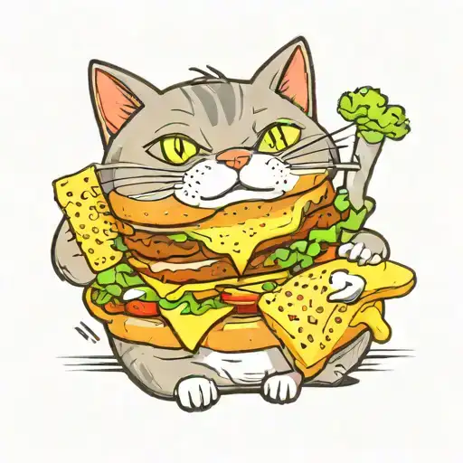 Fat grey and white cat eatting hamburger tattoo design idea