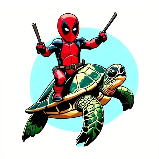 baby deadpool ride a sea turtle tattoo design idea