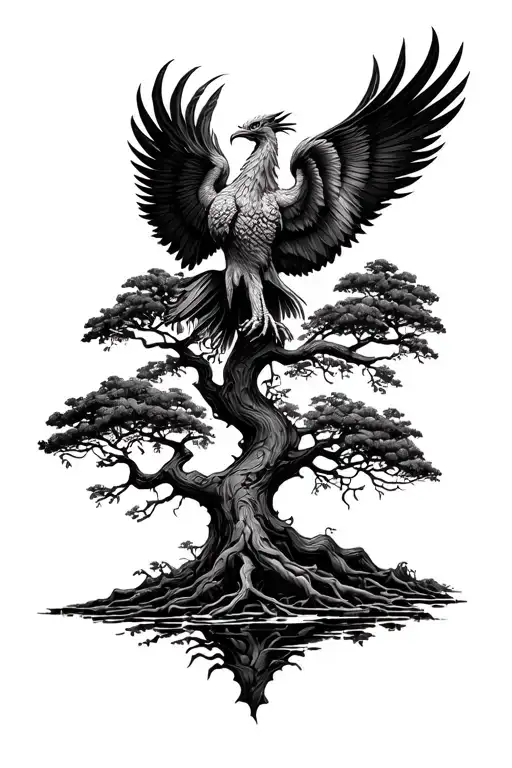 banyan tree with phoenix rising from addiction tattoo design idea