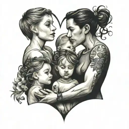 family with 3 kids, heart, minimalistic design tattoo design idea