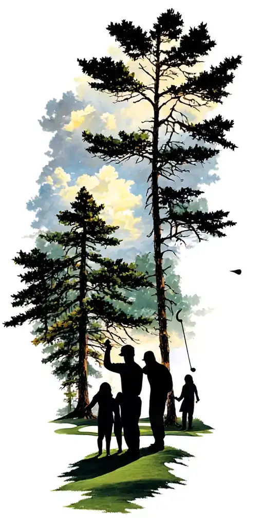 forest sky golf course family shadow figures time collage tattoo design idea
