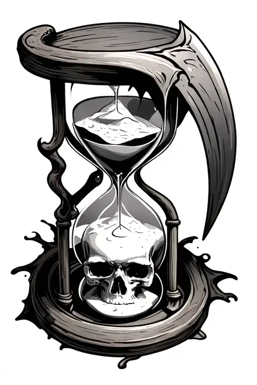 hourglass where the sand at the bottom is forming into a skull. the hourglass is cradled by a scythe tattoo design idea