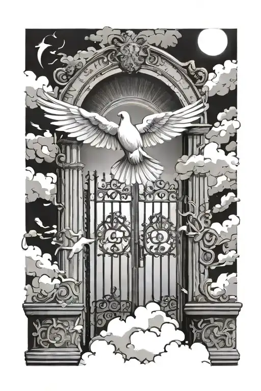 Heaven Gates with Dove flying tattoo design idea