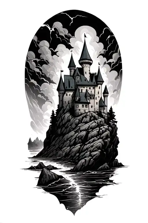 castle on a rock weathering a storm tattoo design idea