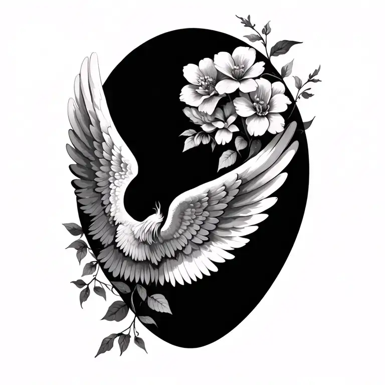 angel wings with flowers growing tattoo design idea