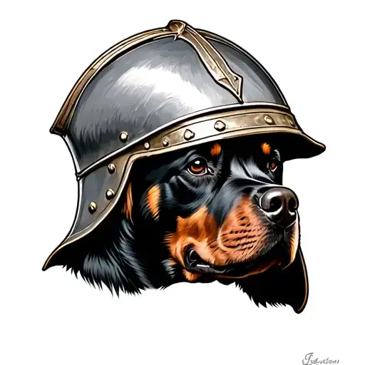 Rottweiler wearing roman helmet tattoo design idea