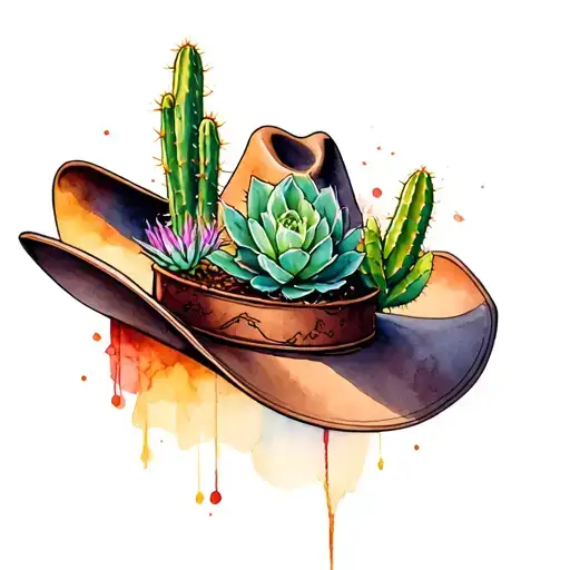 Cacti and succulents growing inside a cowboy hat  tattoo design idea