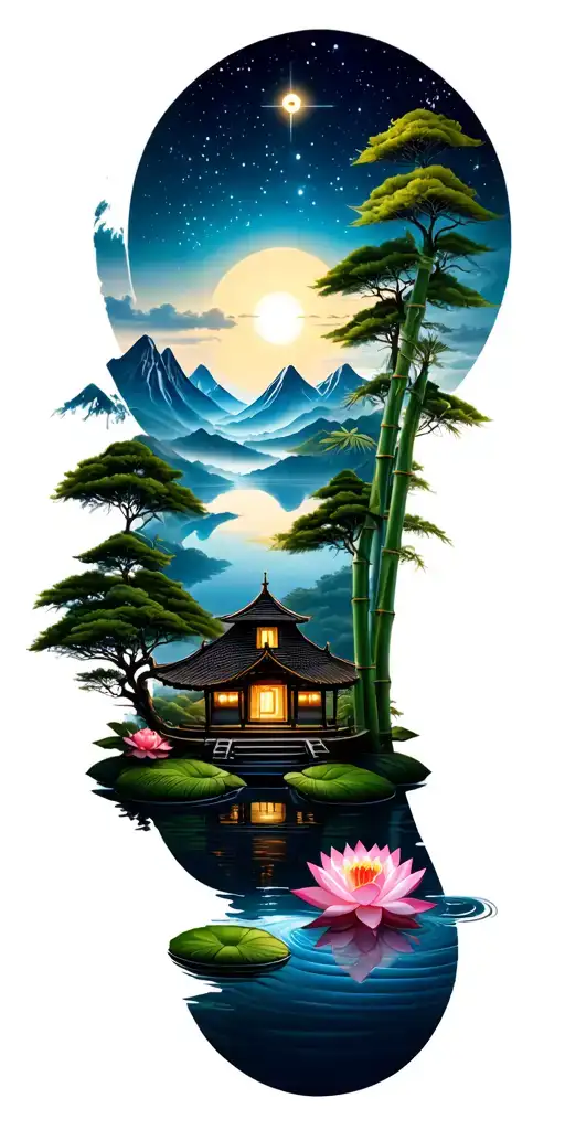 Buddhist inspired nature scene with water, to trees & mountains, to sky and constellation with lotus, bamboo and a home tattoo design idea