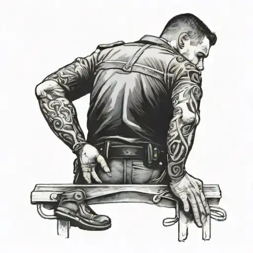 police officer waiting with his hands tied behind his back in front of a guillotine tattoo design idea