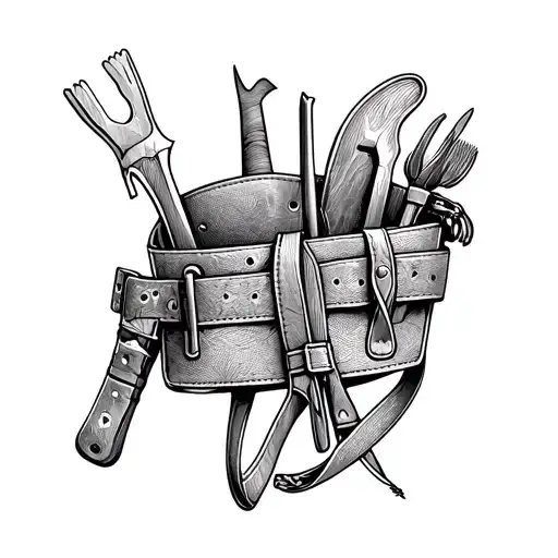 A dotwork tattoo of a carpenter's tool belt adorned with hunting gear and surrounded by wilderness scenery tattoo design idea