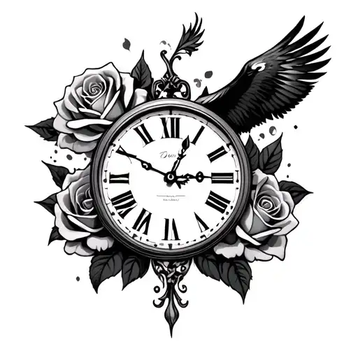 clock, roses, red kite tattoo design idea