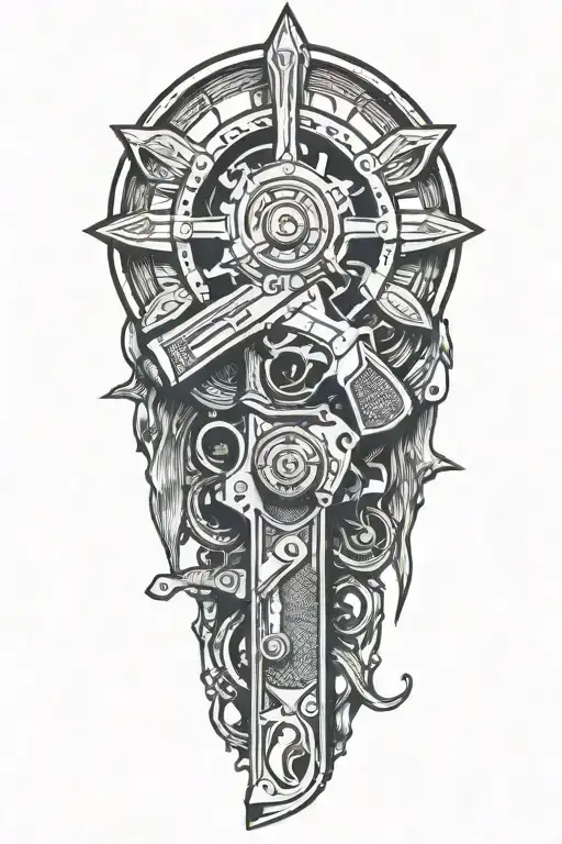 Combine a saw blade with a revolver cylinder to symbolize your passion for carpentry and guns tattoo design idea