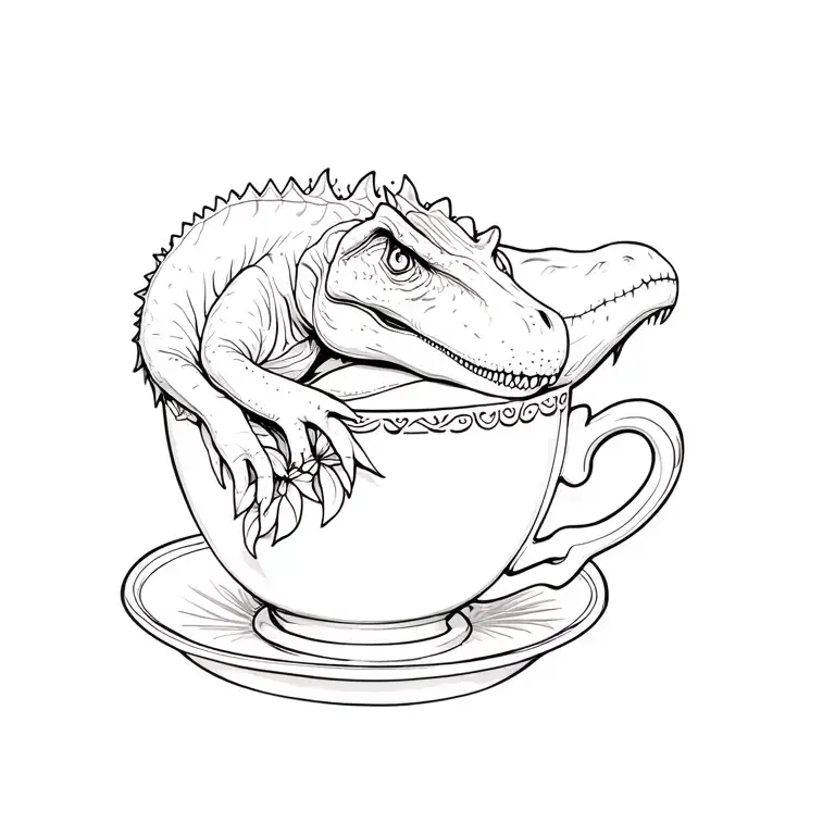 Fine line tattoo, Realistic T-rex asleep in a tea cup. Tea cup has a tiny hibiscus flower rimmed pattern. Background has tattoo design idea
