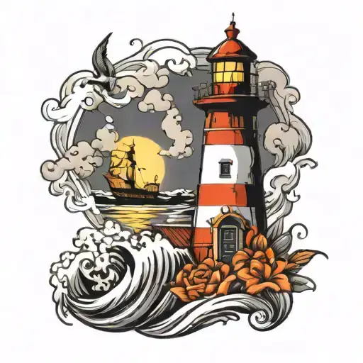 Design a cohesive old school tattoo for a leg sleeve. Central elements should include a lighthouse with 'Will' in a bann tattoo design idea
