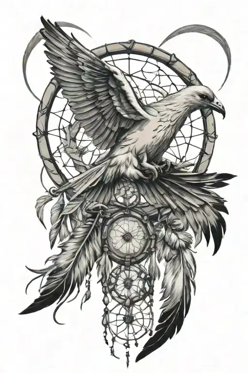 dream  catcher with a dove perched tattoo design idea